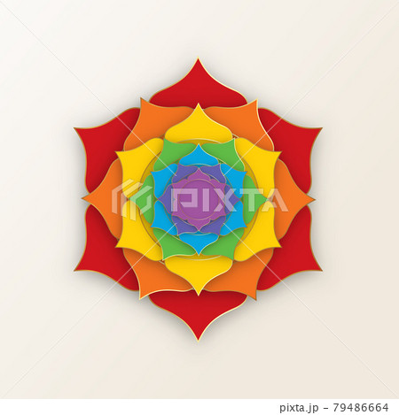 Sacred Lotus with the seven colors of the chakras for yoga, meditation and spa center. Set of mystical colorful petals, esoteric multicolors flower, vector isolated on white background 79486664