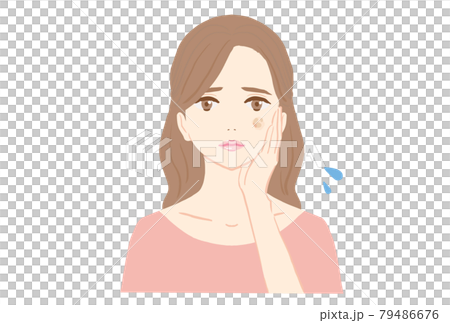 一位年輕女子在看到臉上有污漬時遇到麻煩的插圖 79486676