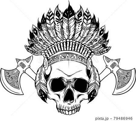 Vector illustration of Indian skull and tomahawk Vector illustration of Indian skull and tomahawk 79486946