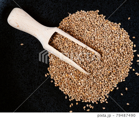 view of scoop on barnyard millet seeds on black 79487490