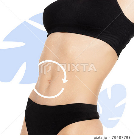 Female body, belly with drawing arrows. Fat lose, liposuction and cellulite removal concept. Good and fast metabolic problem. 79487793