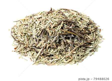 pile of dried rosemary leaves closeup on white 79488026