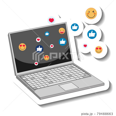 A sticker template of a laptop with social emoji icon A sticker template of a laptop with social emoji icon 79488663