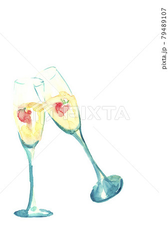 イチゴを浮かべたシャンパンで乾杯 手描き水彩画 白バック コピースペースあり Pngのイラスト素材