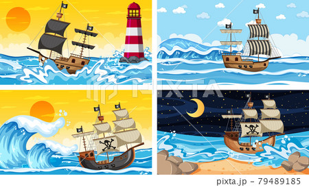 Set of ocean scenes at different times with Pirate ship in cartoon style Set of ocean scenes at different times with Pirate ship in cartoon style 79489185