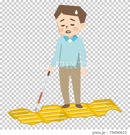劣化した点字ブロックの上を歩く白杖を持った視覚障害の男性 79490625
