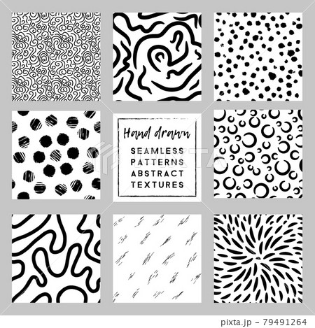 monochrome white and black minimalistic trendy hand drawn seamless patterns set 79491264