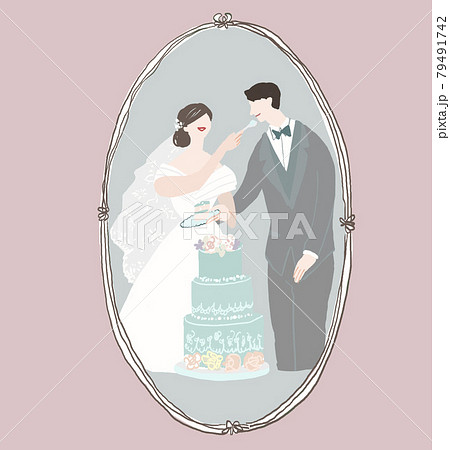 ファーストバイトする新郎新婦 ウエディング 結婚式 ウエディングケーキ フレームbのイラスト素材