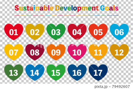 SDGs，17 種顏色的發展目標標籤，心形 79492607