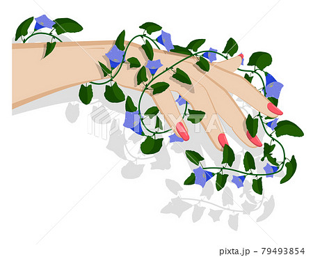 graceful female hand of fairy holds blooming liana. Green plant with blue flowers weaves along girl hand. Care and love for nature. Vector 79493854