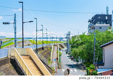 千葉県 東京都 夏 午前 晴れ デート 荒川 サイクリングロード ロードバイク スポーツ 運動の写真素材