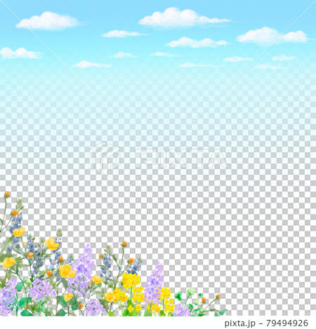 ポップで優しい色使いの北欧風オシャレな水彩画植物と雲のある青空の白バックフレームイラスト素材のイラスト素材