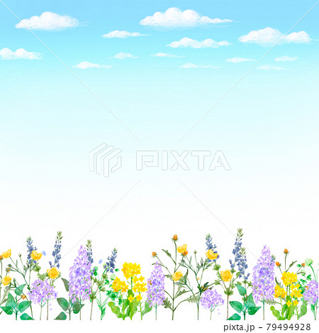 ポップで優しい色使いの北欧風オシャレな水彩画植物と雲のある青空の白バックフレームイラスト素材のイラスト素材