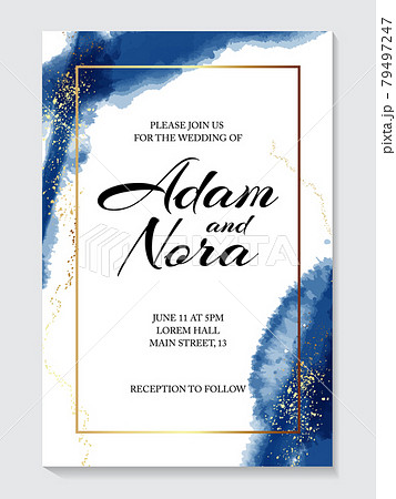Blue watercolor background, hand drawn gold texture. wedding invitation , bride to be card, marriage Blue watercolor background, hand drawn gold texture. wedding invitation , bride to be card, marriage 79497247