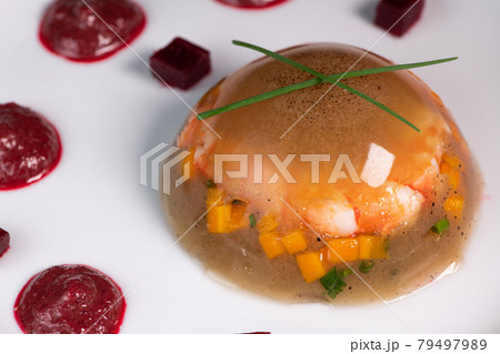 Aspic recipe, jelly made from a broth of prawns and peppery beetroot 79497989
