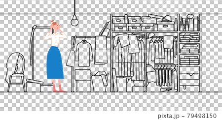 A woman suffering from an untidy walk-in closet 79498150