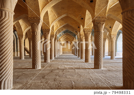 Vaulted prayer hall of Vakil mosque, supported by 48 carved monolithic columns. Built between 1751 and 1773, restored in the 19th century during the Qajar period. Vaulted prayer hall of Vakil mosque, supported by 48 carved monolithic columns. Built between 1751 and 1773, restored in the 19th century during the Qajar period. 79498331