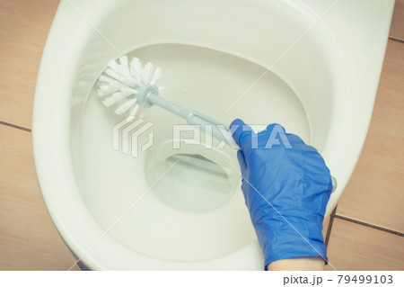 Hand of cleaner using brush for cleaning toilet. Household duties concept 79499103