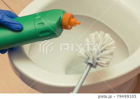 Domestic detergent and accessories for cleaning toilet. Household duties concept Domestic detergent and accessories for cleaning toilet. Household duties concept 79499105