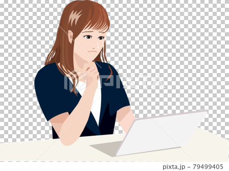 パソコンの前で悩む女性 79499405