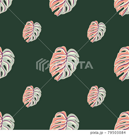 Minimalistic summer seamless pattern with pink and blue colored monstera leaves shapes. Green background. Minimalistic summer seamless pattern with pink and blue colored monstera leaves shapes. Green background. 79503084