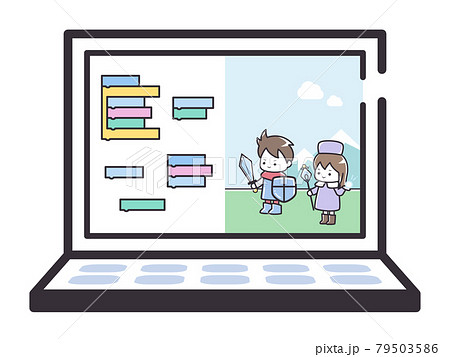 子どもがゲームをプログラミングするパソコン画面のイメージイラストのイラスト素材