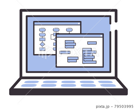 シンプルな線のパソコンの画面のイラスト_プログラミングとフローチャート 79503995