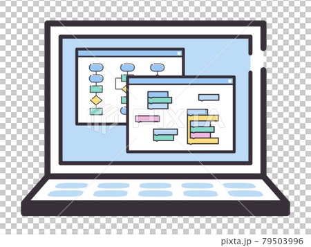 シンプルな線のパソコンの画面のイラスト プログラミングとフローチャートのイラスト素材
