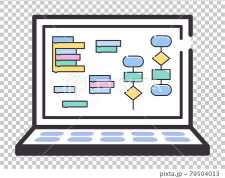 シンプルな線のパソコンの画面のイラスト_プログラミングとフローチャート 79504013