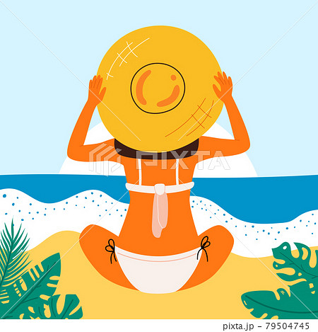 Retro summer poster with a beautiful woman. Great banner for beach party, hotel vacation advertisement. Summer background. Vector 79504745