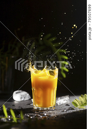 Orange colored citrus soft drink with ice and green leaves 79507699