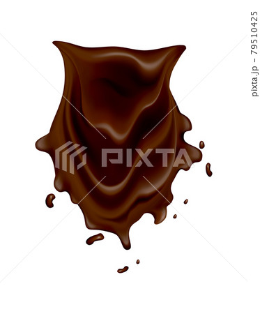 Chocolate splashes. Realistic drops or swirl flow on white background. Vector liquid cacao food, hot drink template. Delicious dark chocolate for confectionery desserts advertisement 79510425