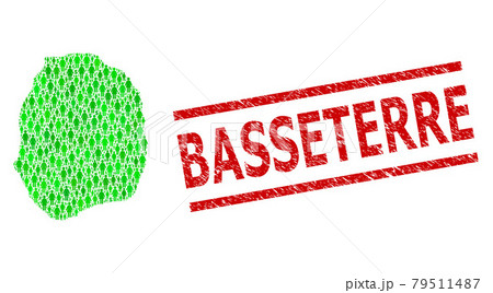 Distress Basseterre Seal and Green People and Dollar Mosaic Map of Nevis Island 79511487