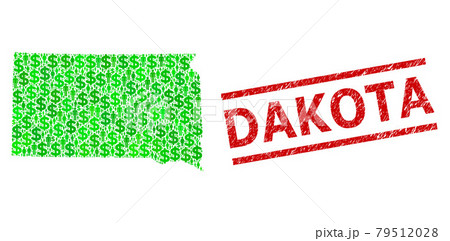 Textured Dakota Stamp Print and Green Customers and Dollar Mosaic Map of South Dakota State 79512028