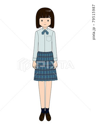 制服の長袖シャツで立つボブカットの女子高校生のイラスト素材