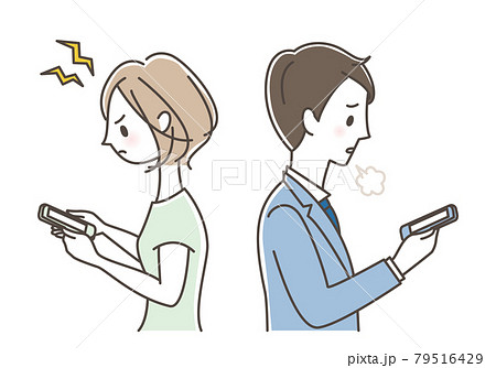 スマホを見てため息をつく男性とイライラする女性のイラスト素材 スマホを見てため息をつく男性とイライラする女性のイラスト素材
