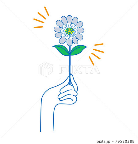 青い花を持つ手のシンプルな線画イラストのイラスト素材 7952