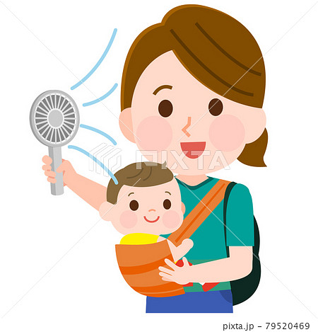 ハンディ扇風機で涼むお母さんと赤ちゃん イラストのイラスト素材
