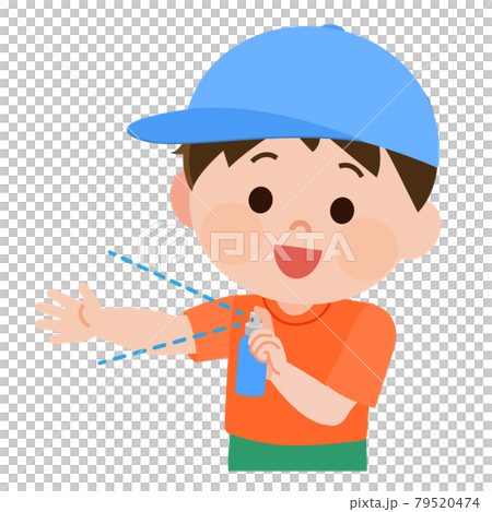Illustration of a boy who puts a spray on his arm Illustration of a boy who puts a spray on his arm 79520474