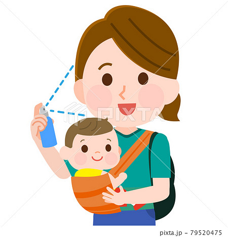 スプレーをかけるお母さんと赤ちゃん イラストのイラスト素材