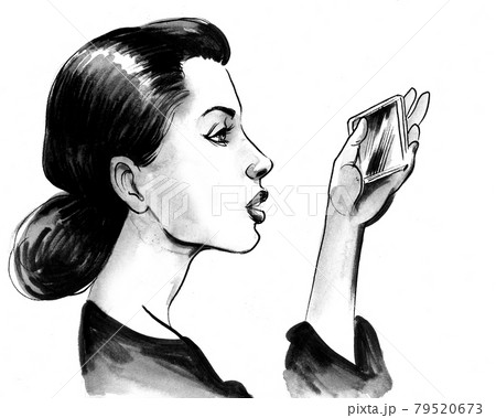 Pretty woman taking picture with a telephone. Ink black and white drawing 79520673