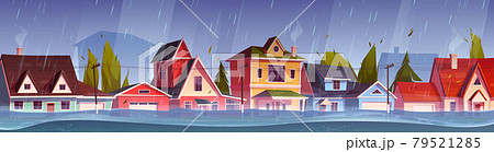 Flood in town, river water stream flow at street 79521285