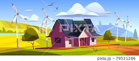 House with solar panels on roof and wind turbines 79521286