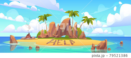 Lost island in ocean with alone castaway person 79521386