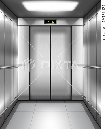 Empty elevator cabin with closed doors inside 79521427