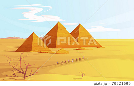 Desert landscape with egyptian pyramids and camels 79521699
