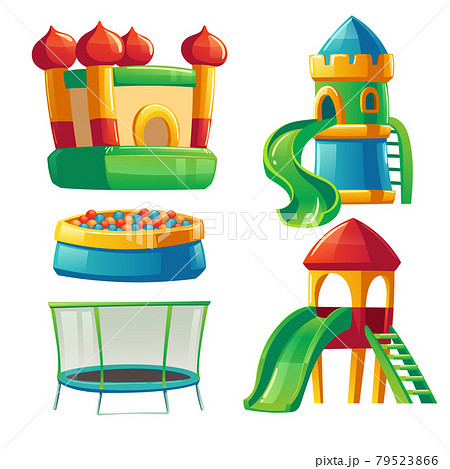 Playroom in kindergarten with slide and trampoline 79523866