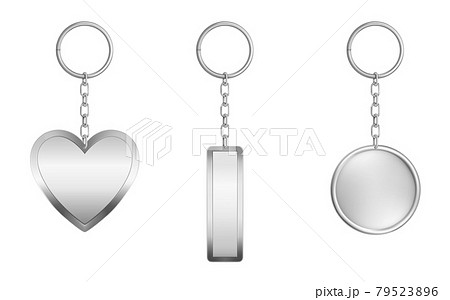 Keychains set. Metal round, rectangular and heart 79523896