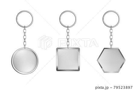 Keychains set. Metal round, square and hexagon 79523897