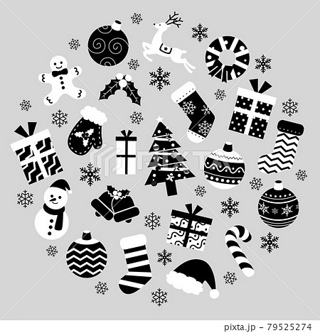 モノクロのクリスマスのアイコンのベクターイラストセット シームレス 白 黒 のイラスト素材